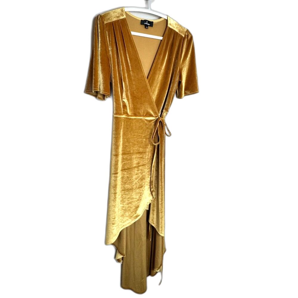 Lulus Gold Velvet Wrap Dress Large Boho Glam Asymmetrical Midi - Picture 3 of 6